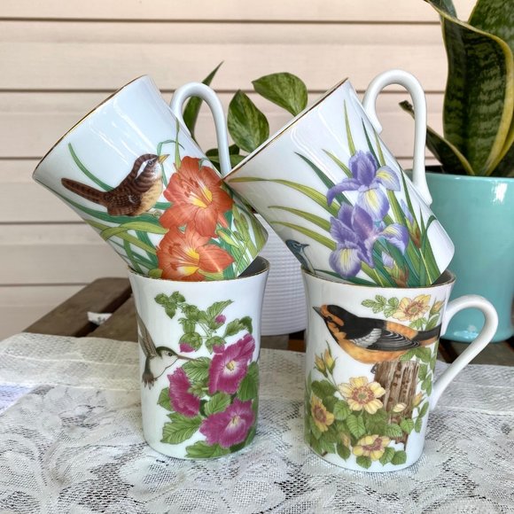 OTAGIRI Japan Floral Birds Mug - Set of 4, Gold Rim, Gibson Greeting Design - Picture 2 of 9